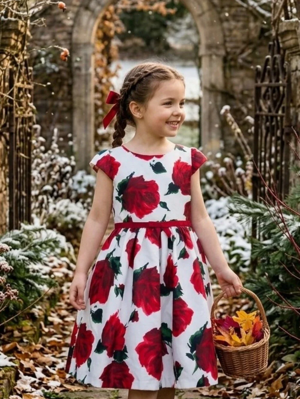Gymboree White Dress with Red Rose Print & Green Leaves, Sz 5, EPreLC